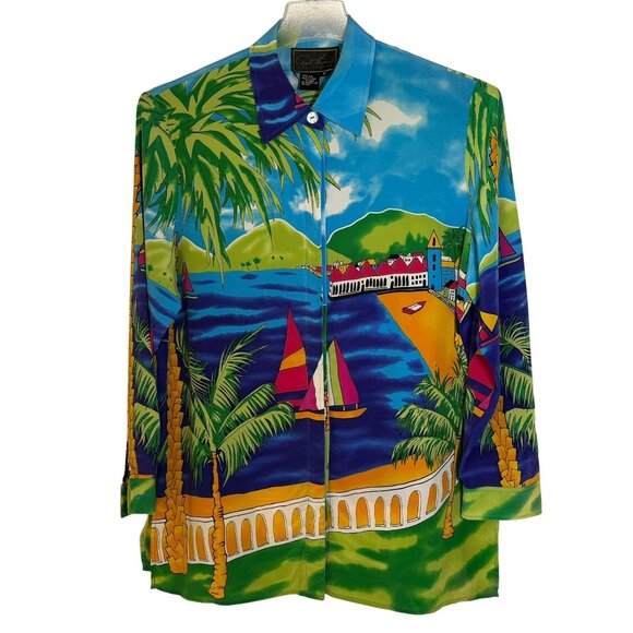 Diane Gilman Women's 100% Silk Blouse Tropical Size Medium Palm Trees, Sail Boat - Picture 1 of 15